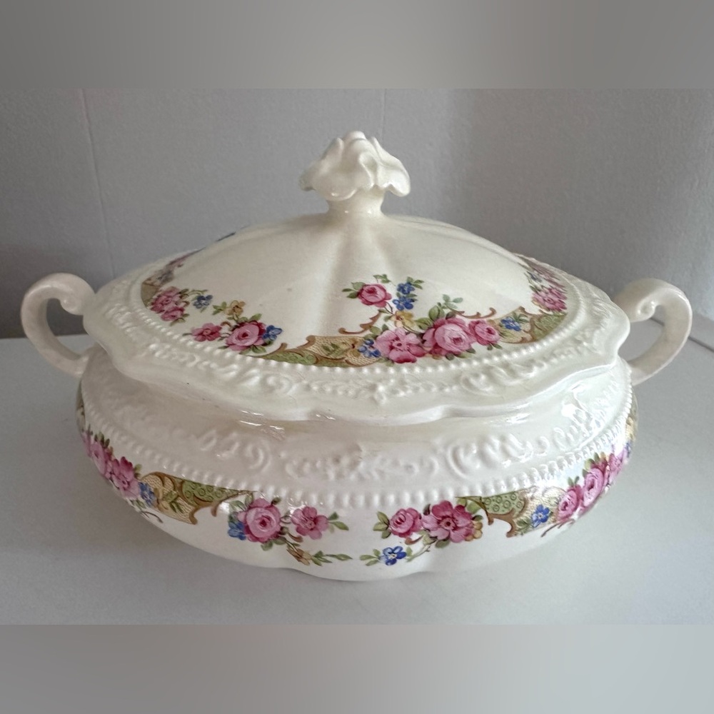 Vintage Covered Vegetable Dish With Lid - Floral Motif and Embossed Details